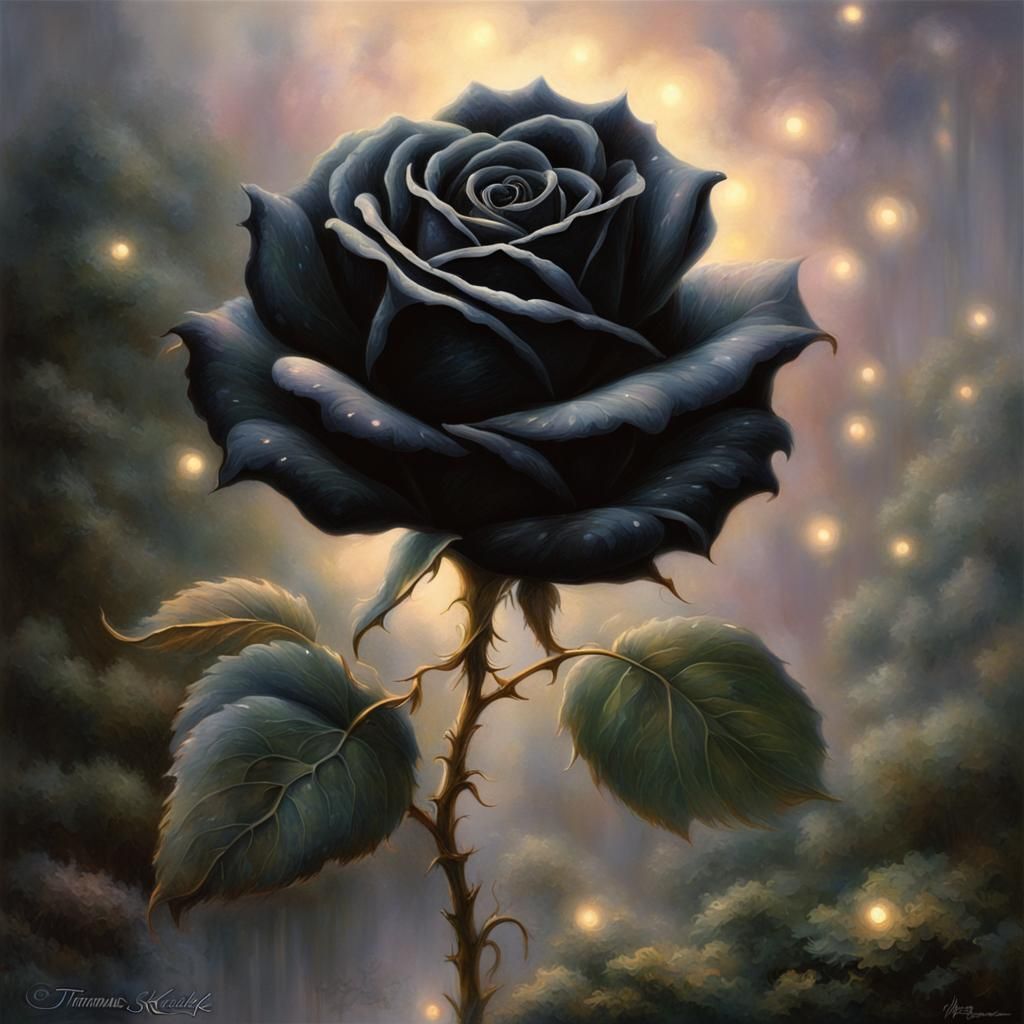 Ethereal Black Rose with Lights in Fantasy Style