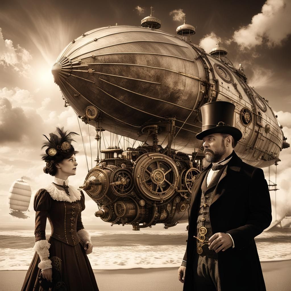 Steampunk Beach Scene with Victorian Couple