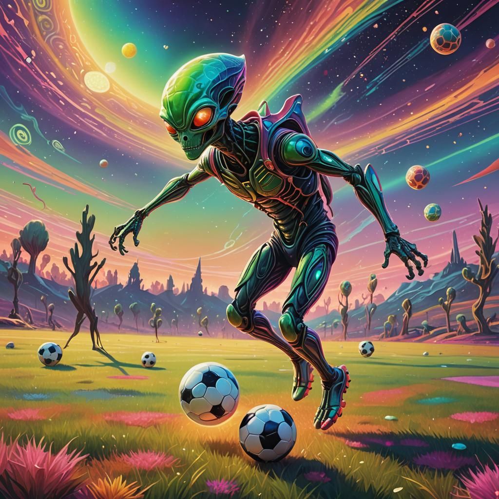 Alien Plays Soccer on Iridescent Field: Surrealist Digital A...