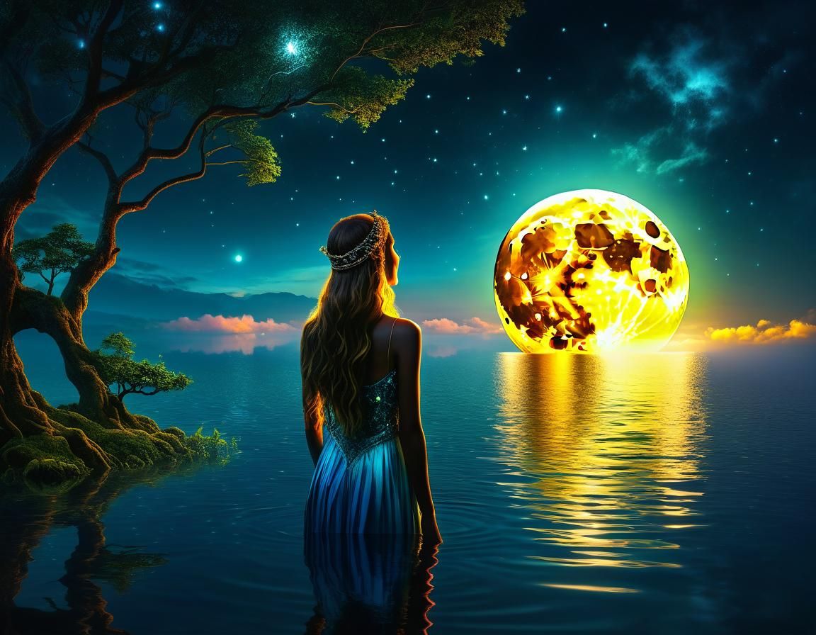 Luminous Moon Gazing at its Reflection: Digital Art