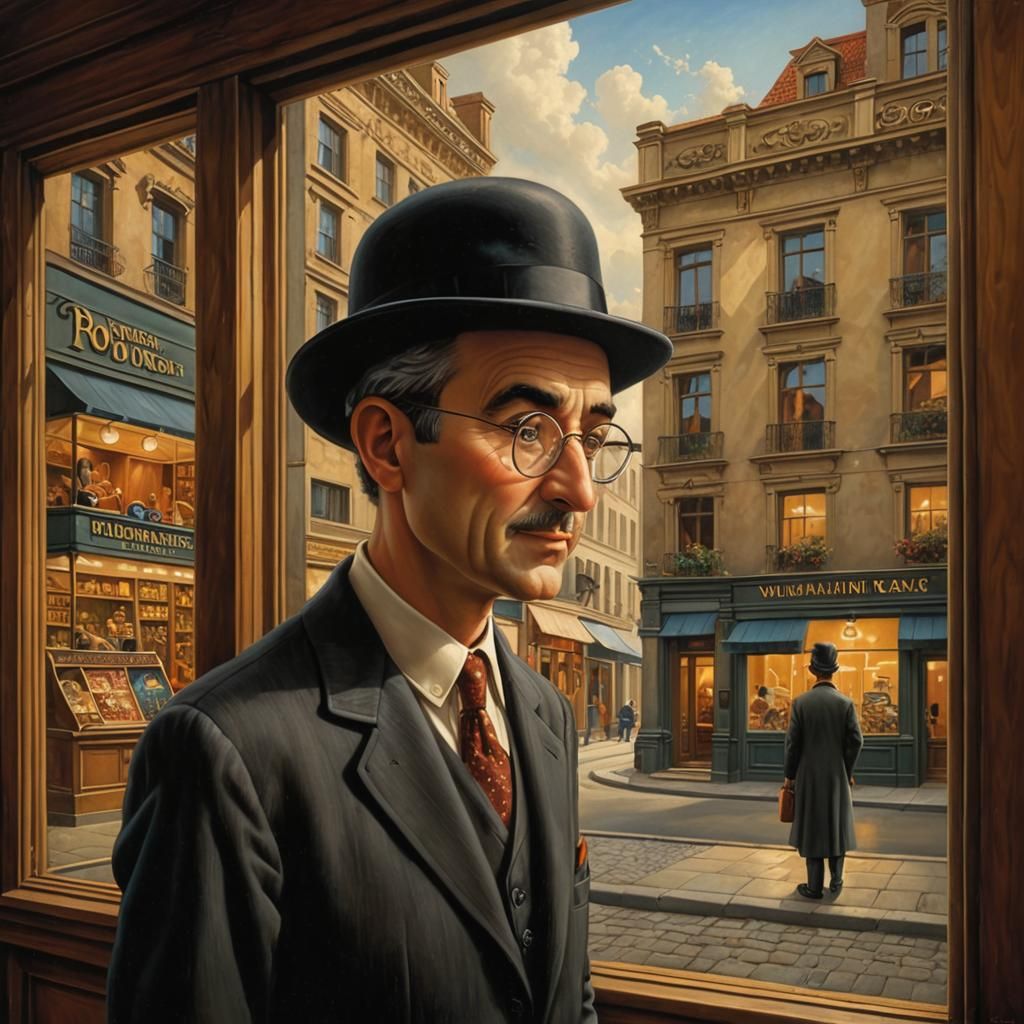 A small man with a bowler hat and round glasses