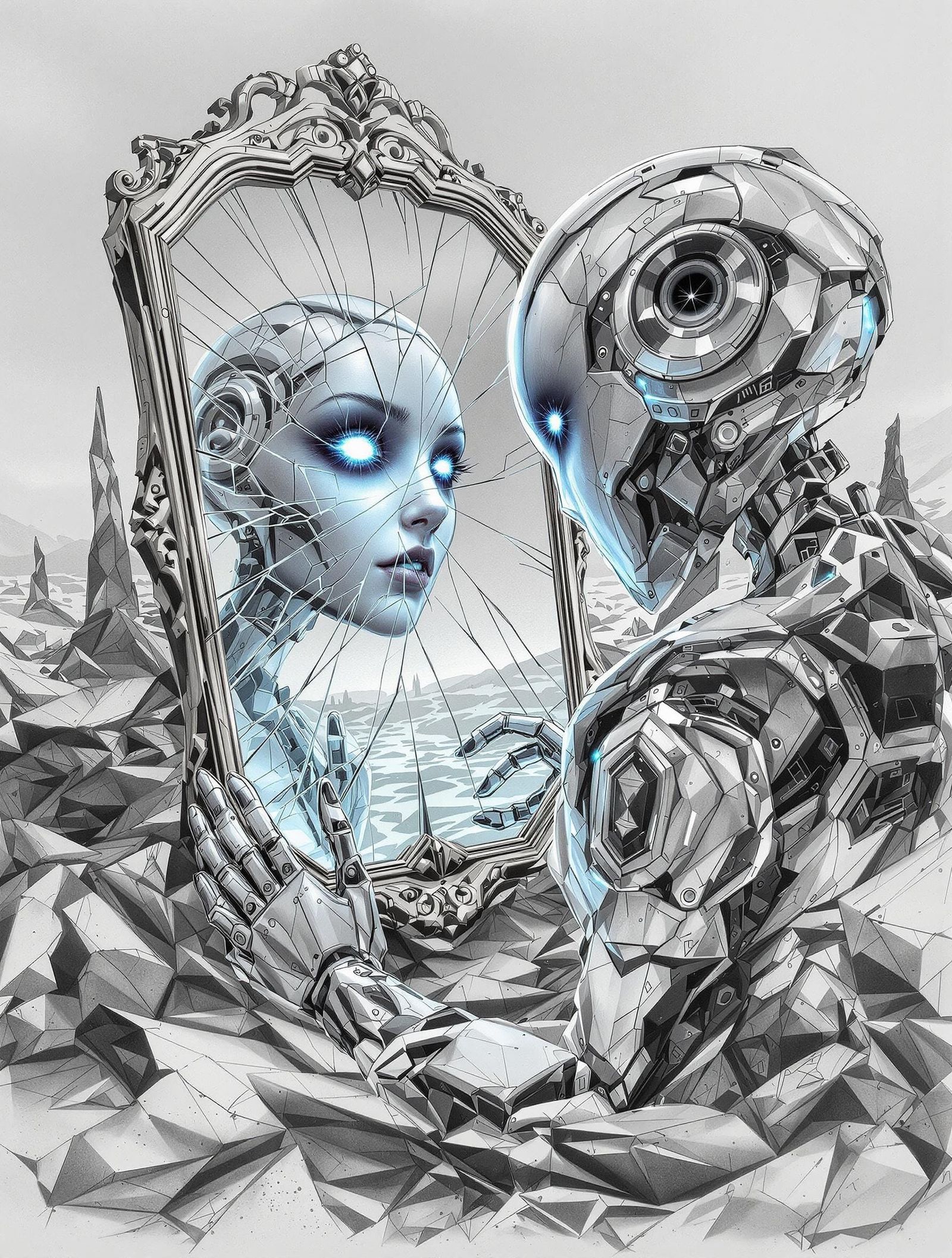 Surreal Robot Contemplates Fractured Reflection in Post-Apoc...