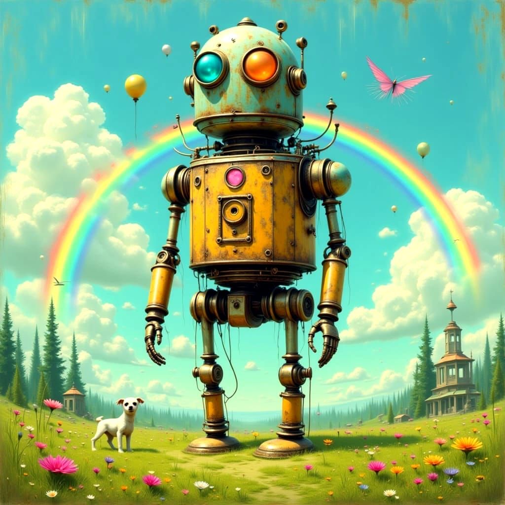 Robot in a Meadow with a Rainbow