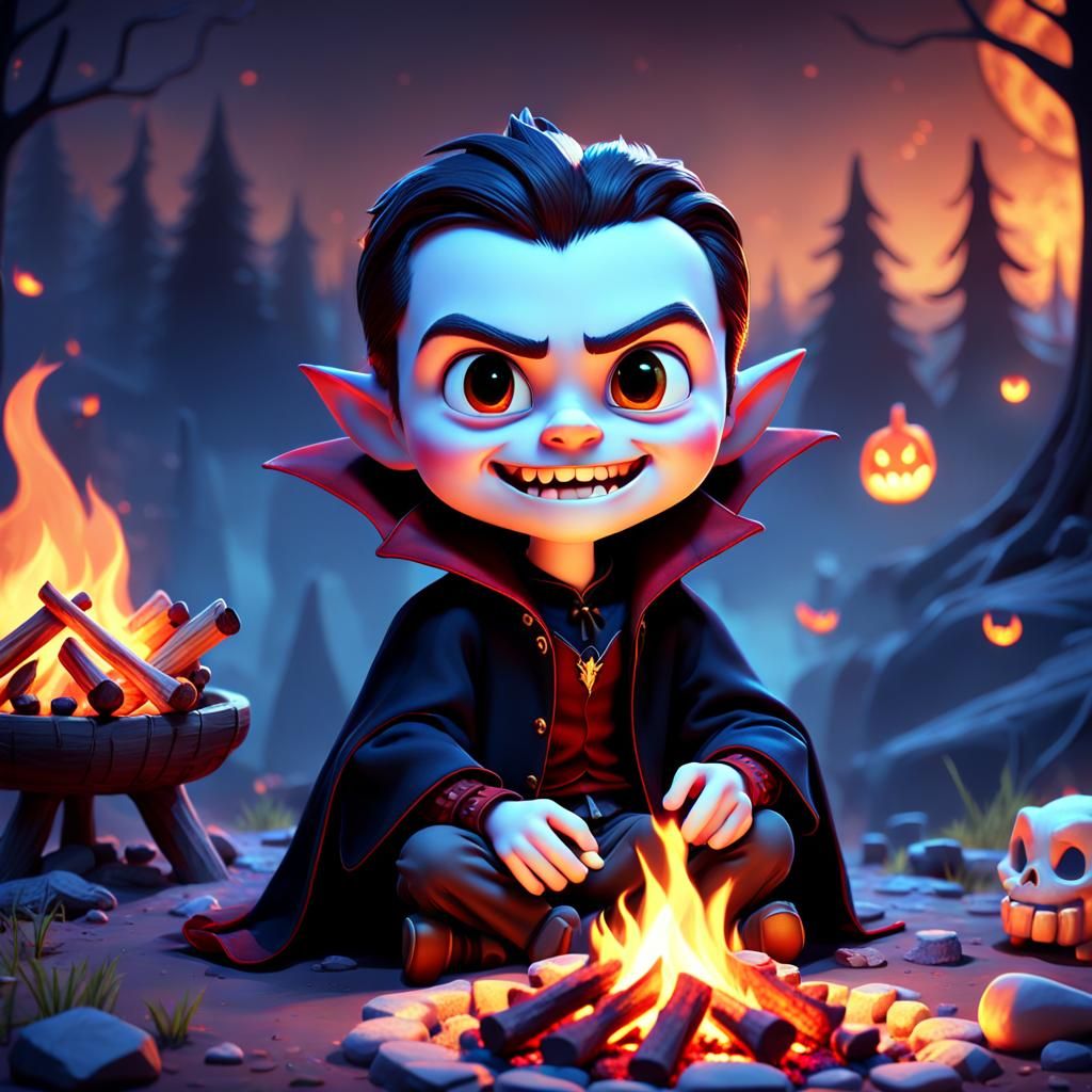 Cute Vampire Around Campfire in Disney Pixar Style