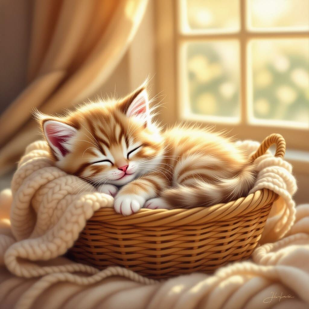 Cute Fluffy Kitten Asleep in Yarn Basket