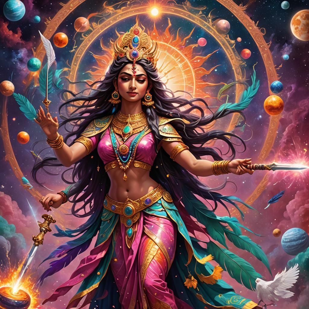 Radiant Hindu Goddess Maha Devi in Cosmic Scene