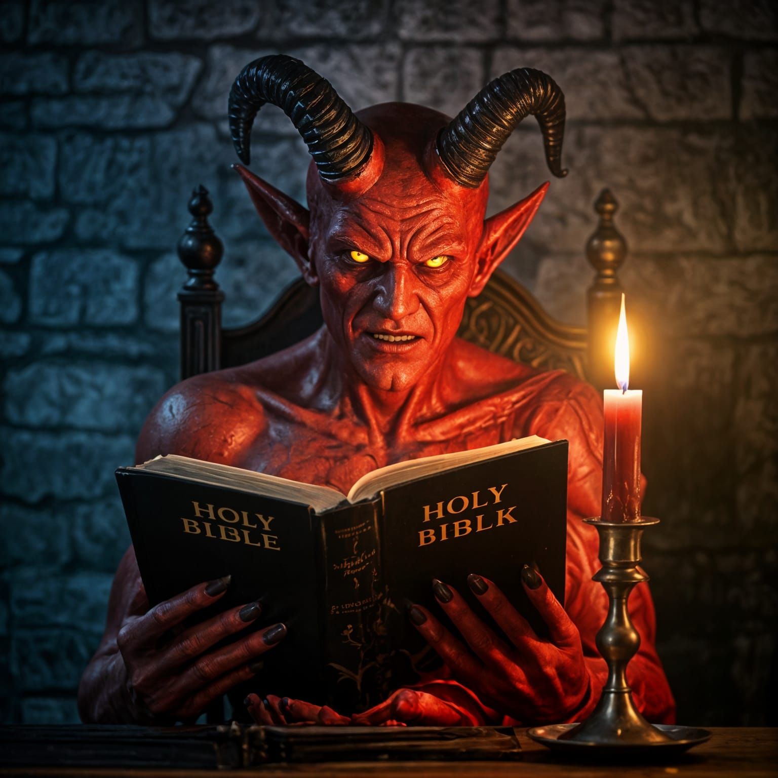 Sinister Creature Reads Holy Bible in Candlelit Chamber