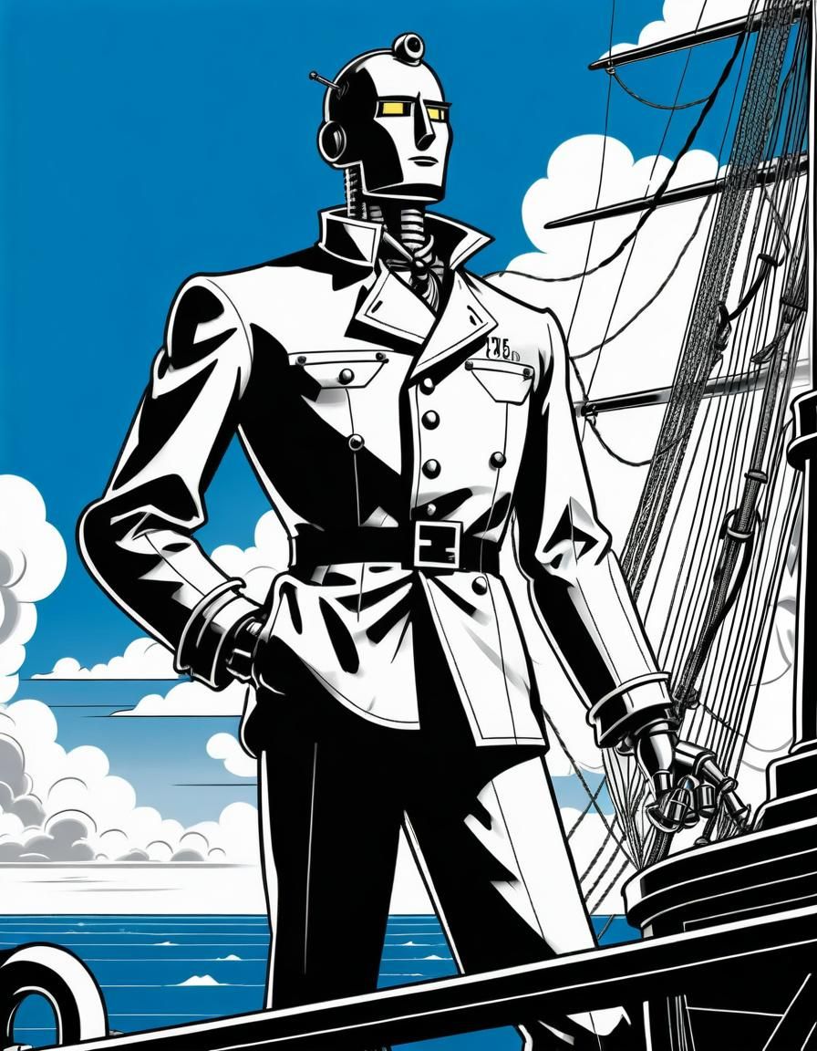 Robot Detective on Clipper Ship in Comic Style