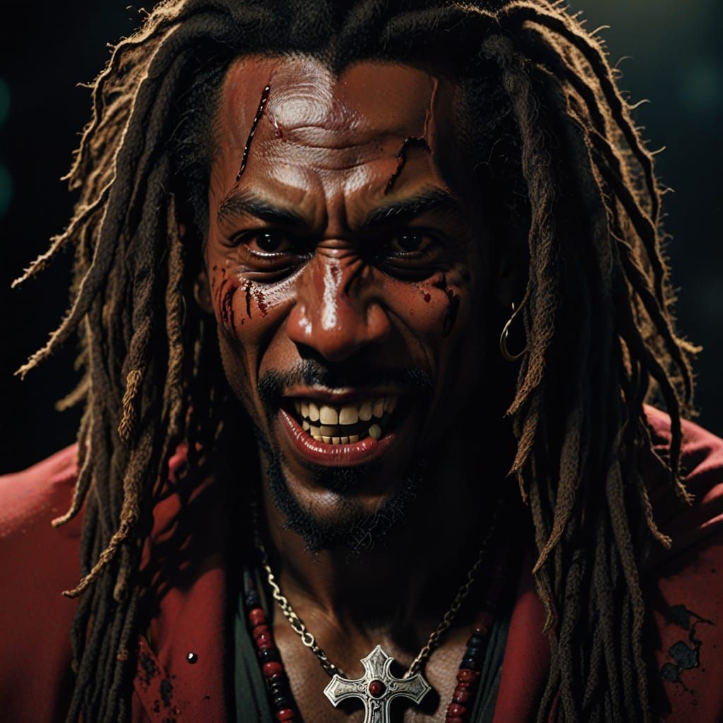 muscular black dreadlock rasta man as a vampire in a red cap...