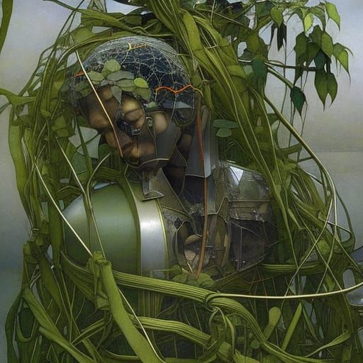 Android in Overgrown Garden: Hyperrealistic Portrait