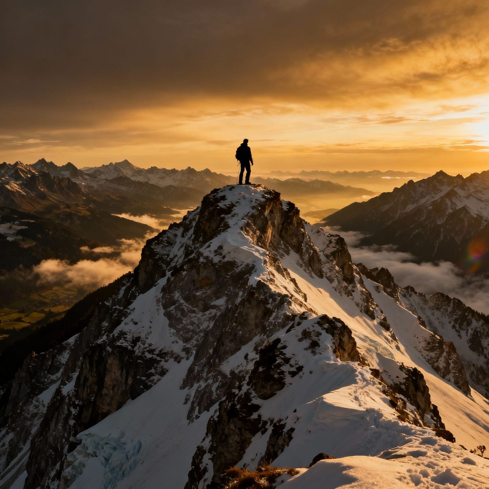Hiker Silhouetted Against Alpine Sunset
