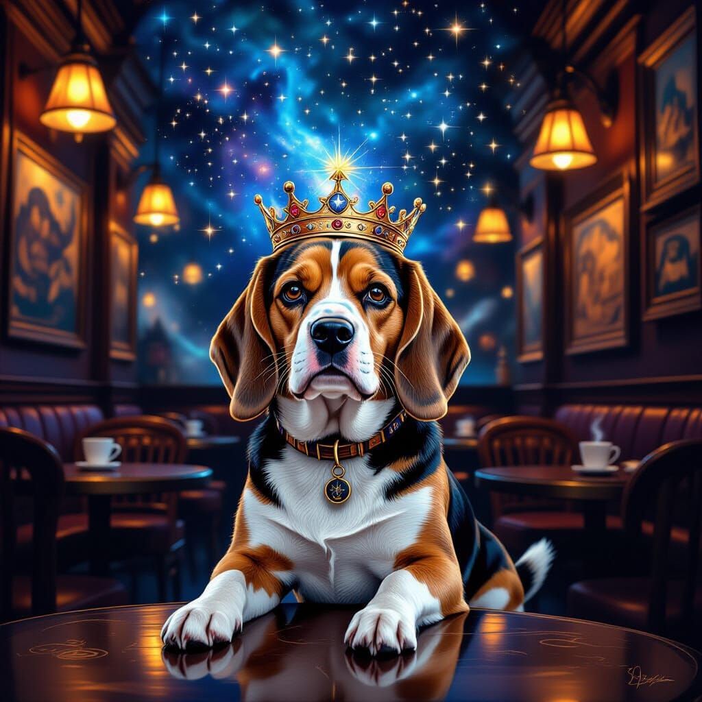 Beagle with Constellation Crown in Mystical Coffeehouse