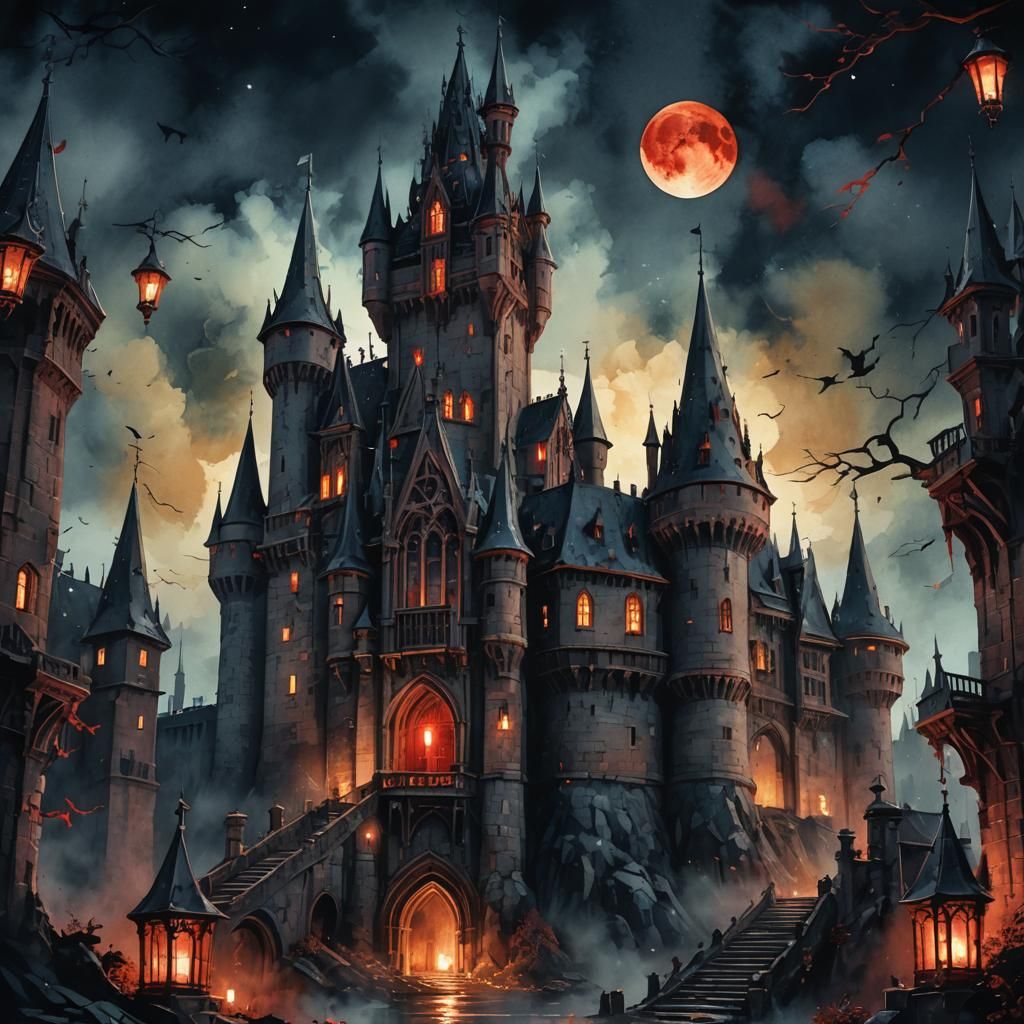 Gothic Castle Under Blood Moon: Digital Watercolor Illustrat...