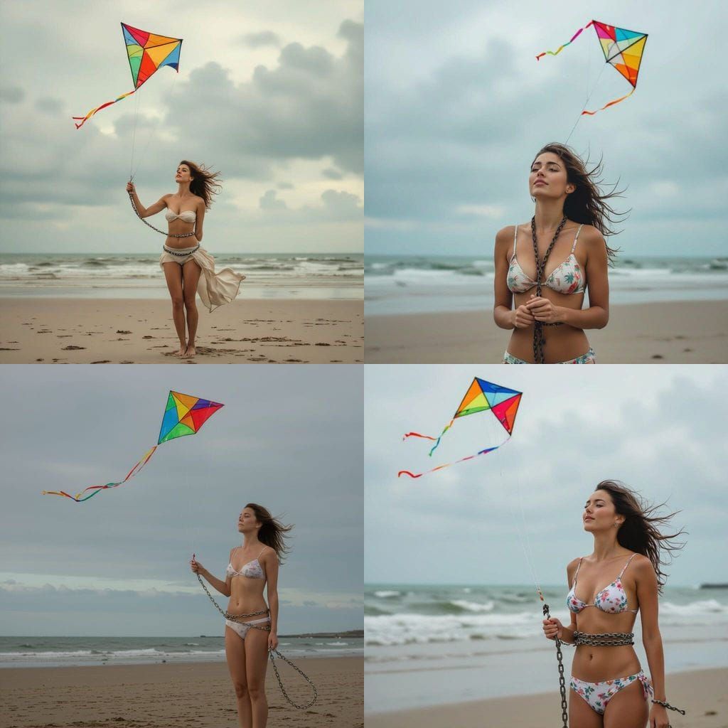 Woman Flying Colorful Kite on Overcast Beach Day