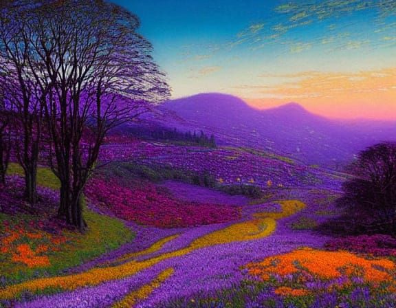 Ethereal Landscape at Dusk in a Whimsical Artistic Style