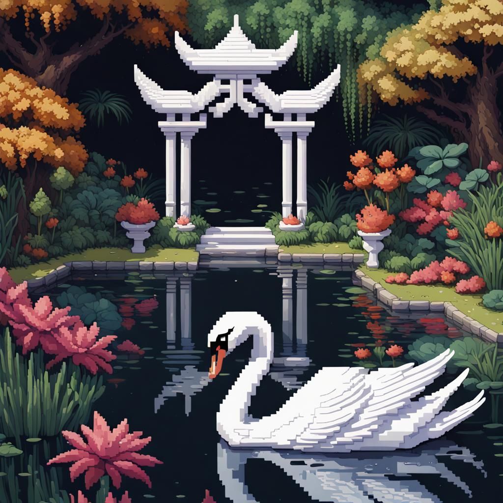 Exotic Swan Shrine in Pixel Art Garden