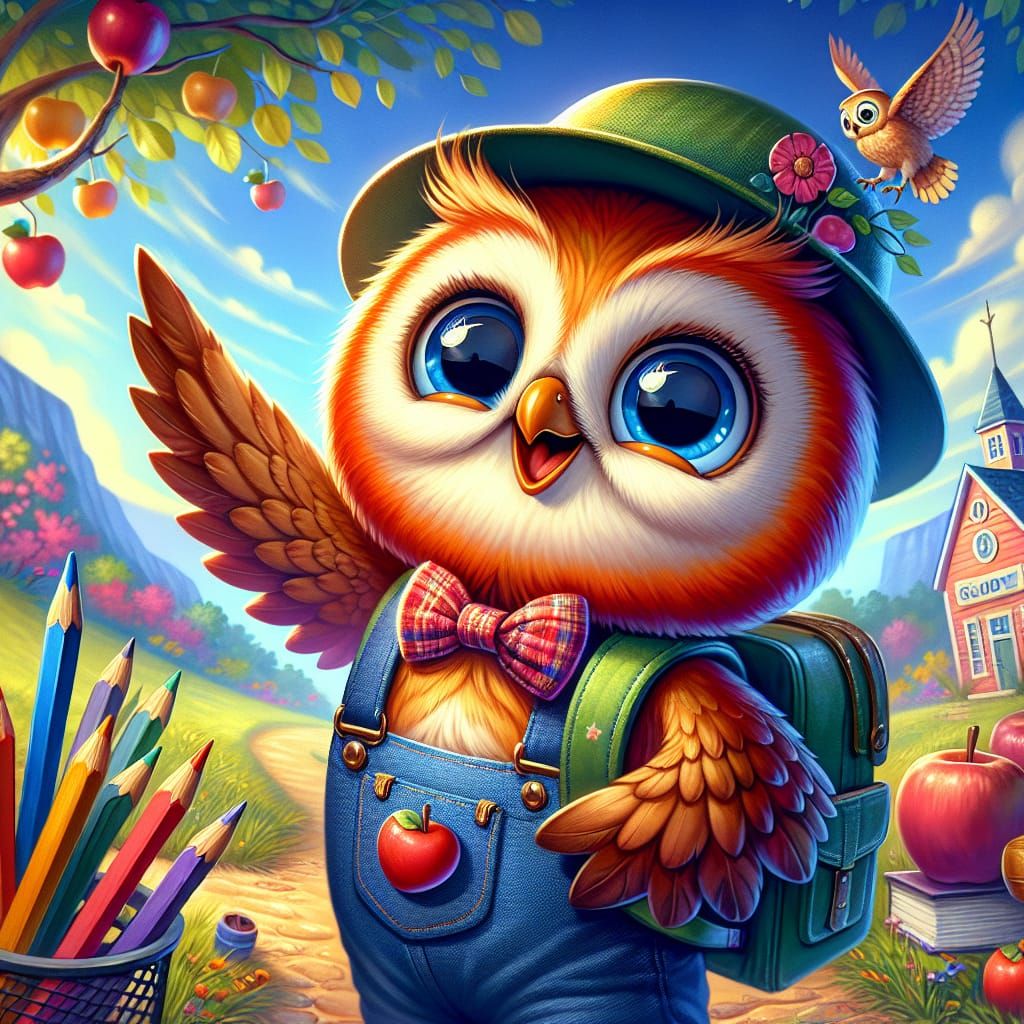 Cheerful Owl Ready for School: Fantasy Concept Art