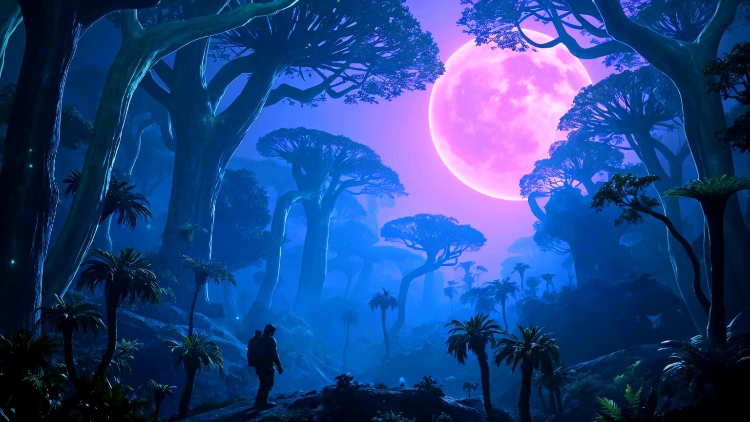 Explorer in Alien Jungle Under Purple Sun