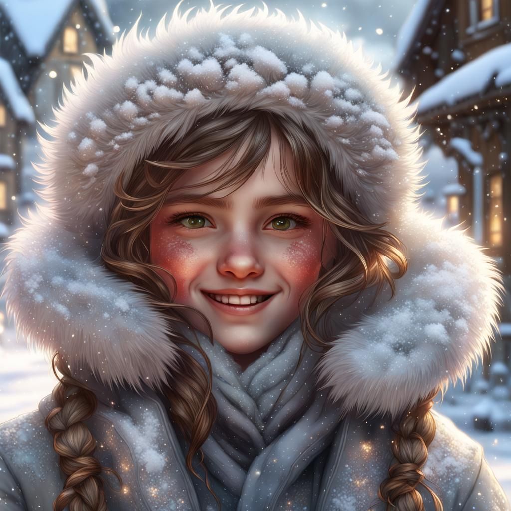 Little Girl in Snowy Village, Detailed Matte Painting