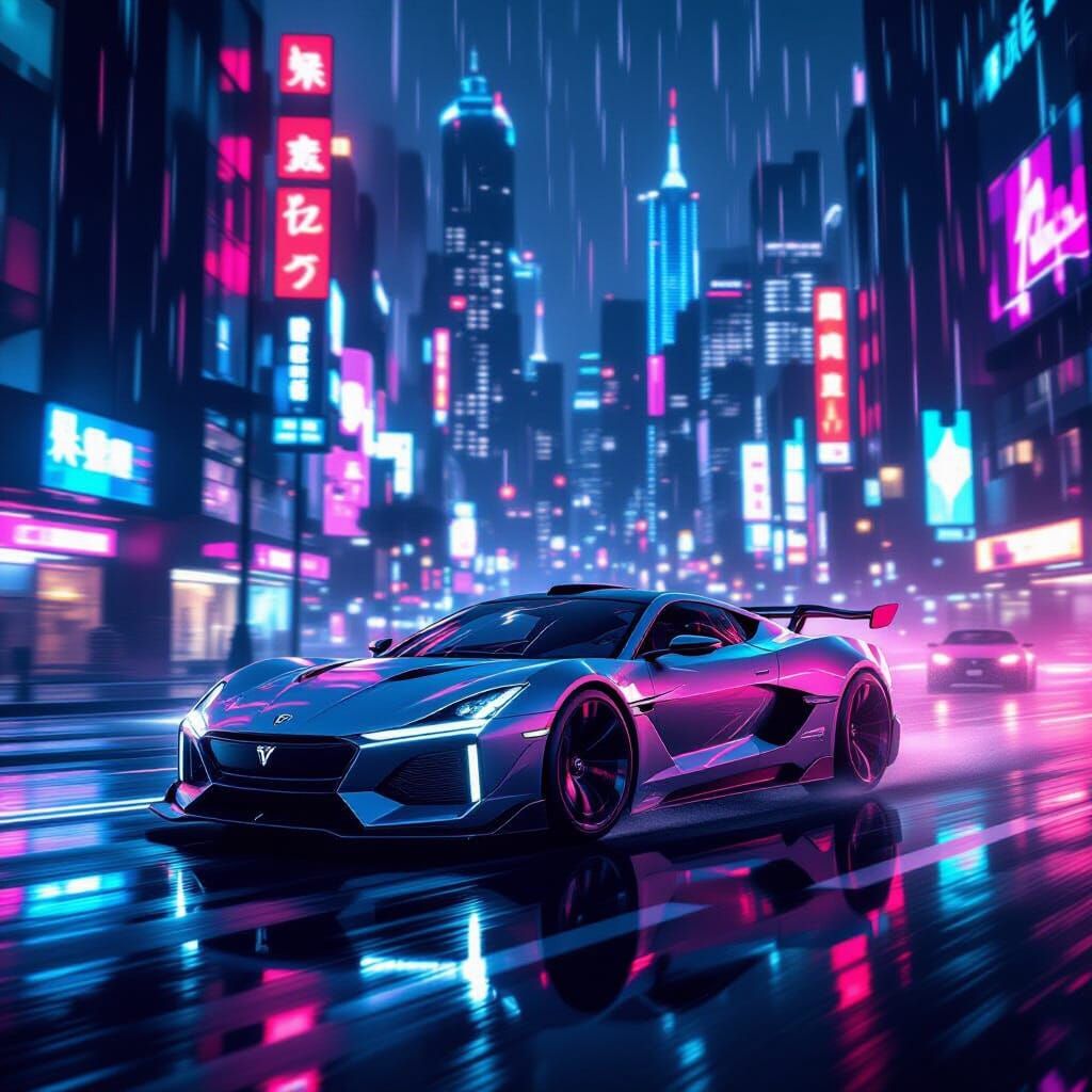 Rimac Navara R in a Neon Cyberpunk Cityscape