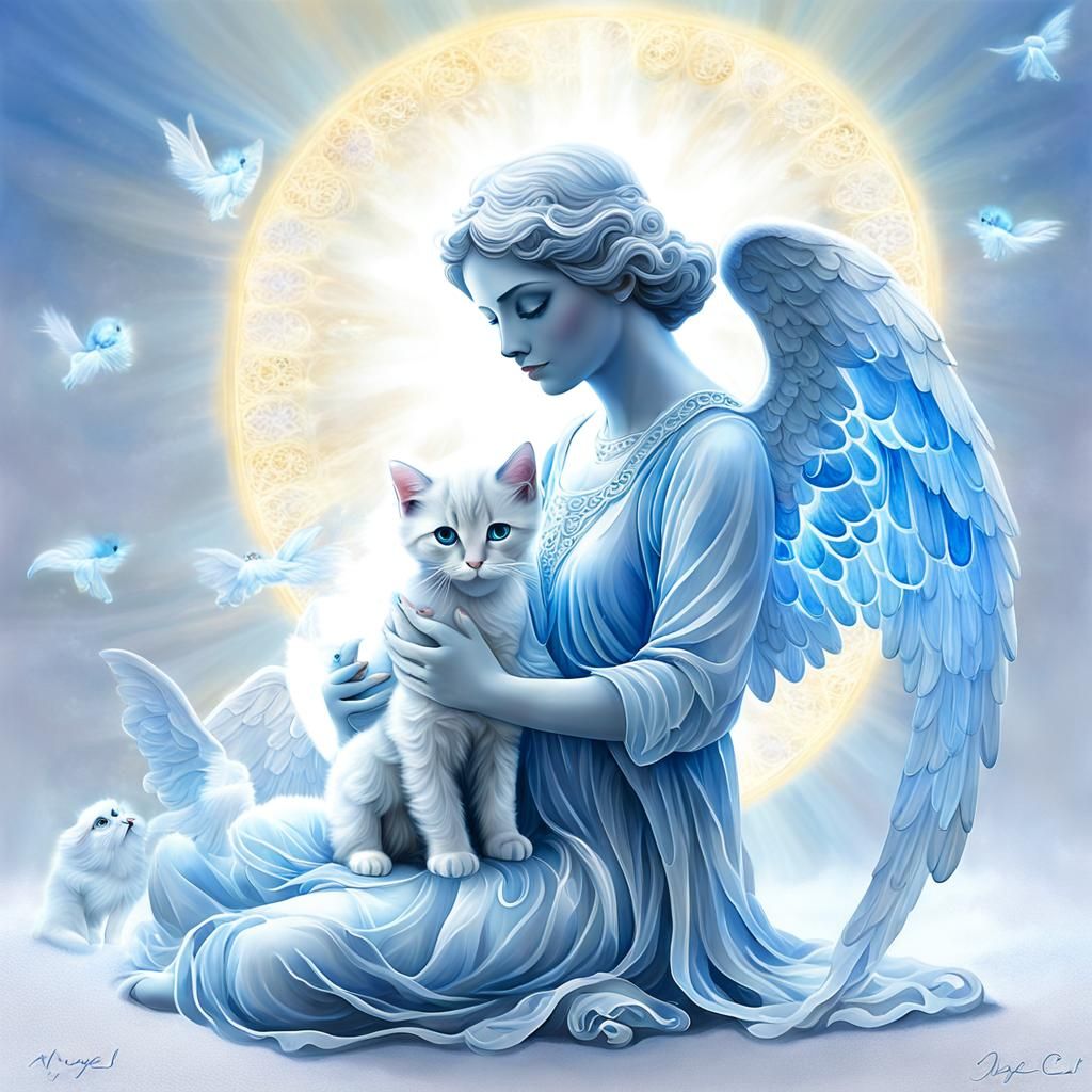 Crystalline Angel with Kitten: Fantasy Concept Art