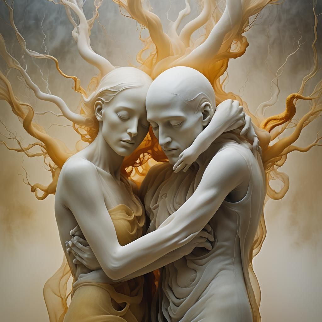 Surrealist Merging of Two Souls in Dreamlike Scene