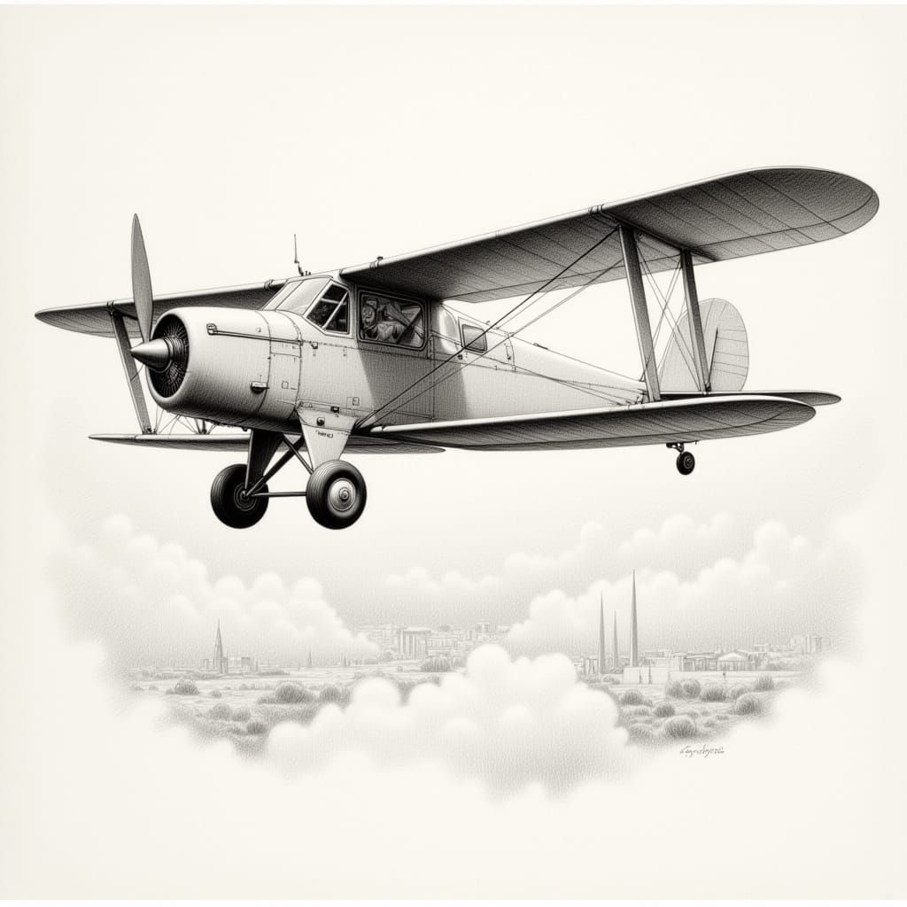 Vintage Biplane in Pencil and Charcoal Style