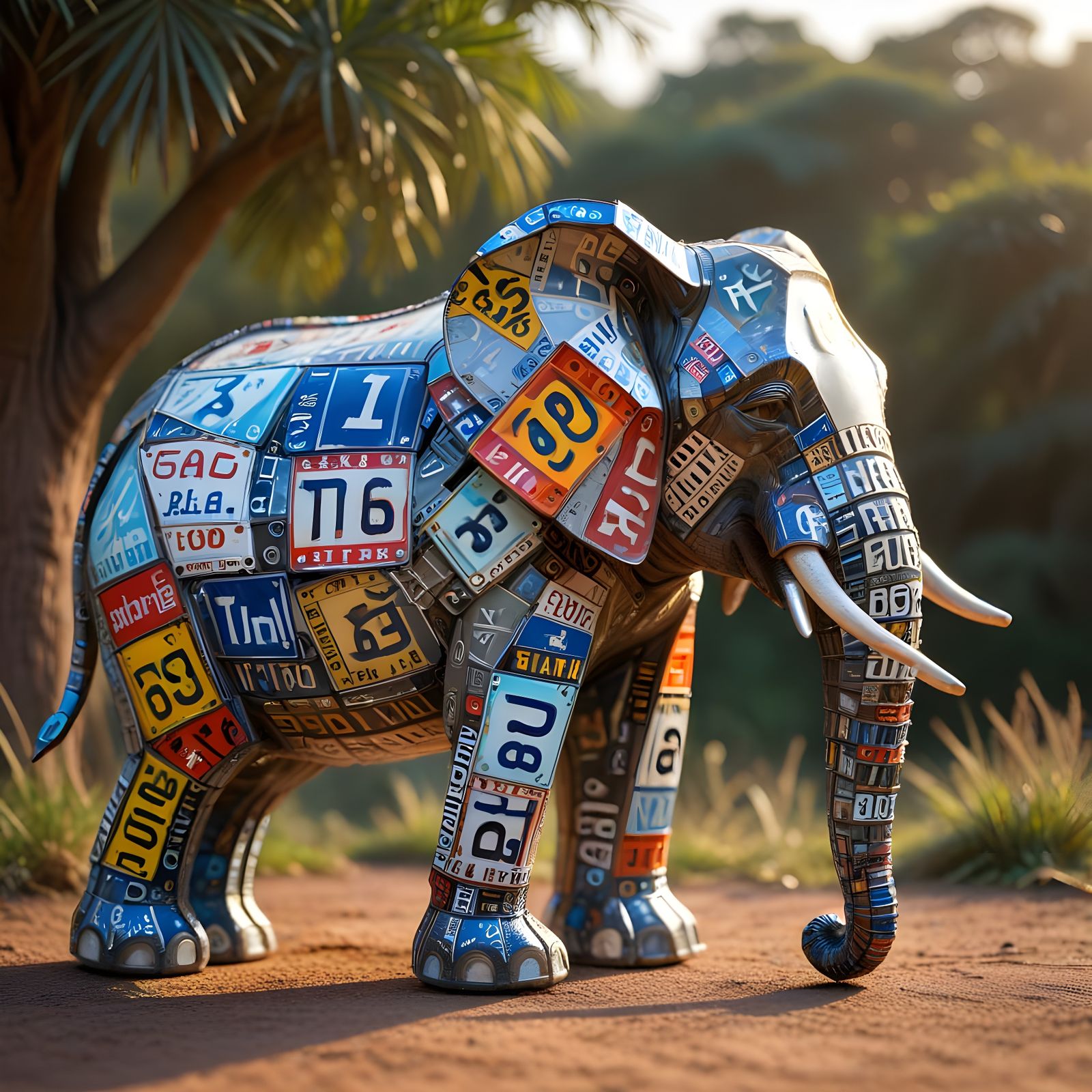 Elephant Sculpture Assembled from Car Number Plates