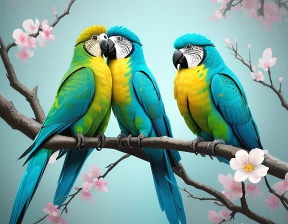 Turquoise Parrots Above Fountain in Surreal Style
