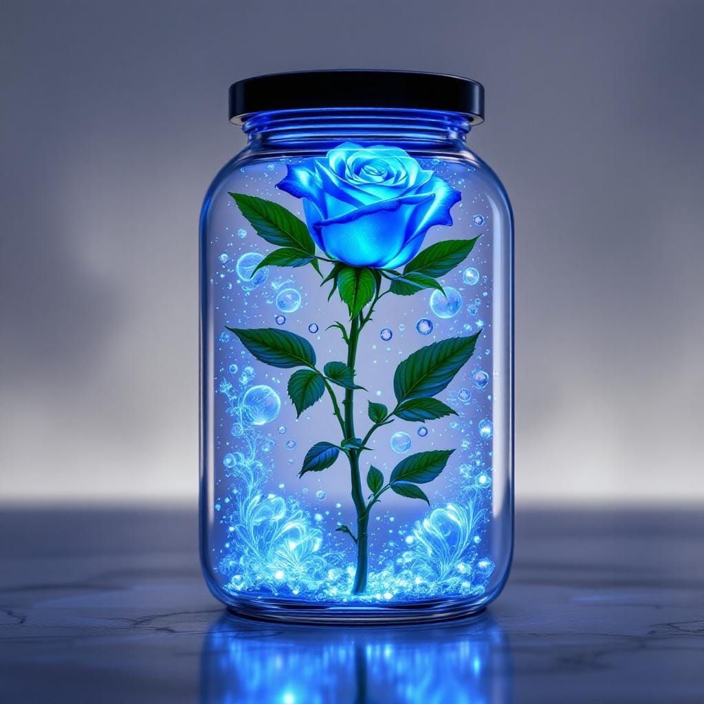 Glowing Blue Rose in Glass Jar: Digital Art