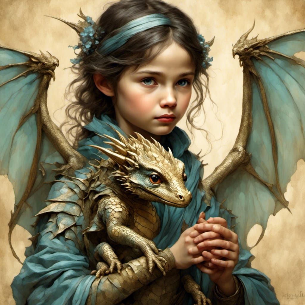 Girl Protectively Cradles Tiny Dragon: Hyperrealistic Image