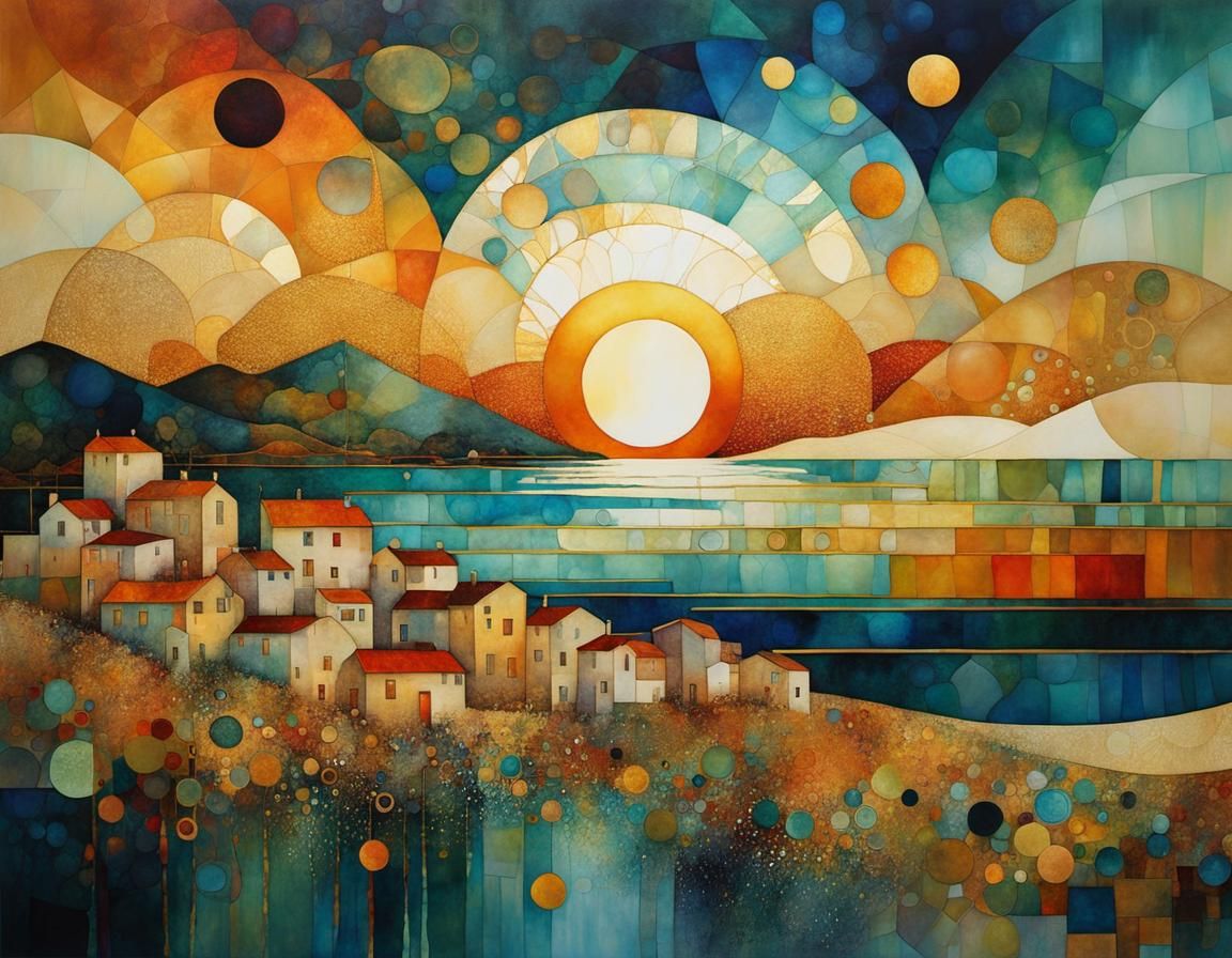 Klimt-Inspired Geometric Seaside Sunrise with Abstract Patte...