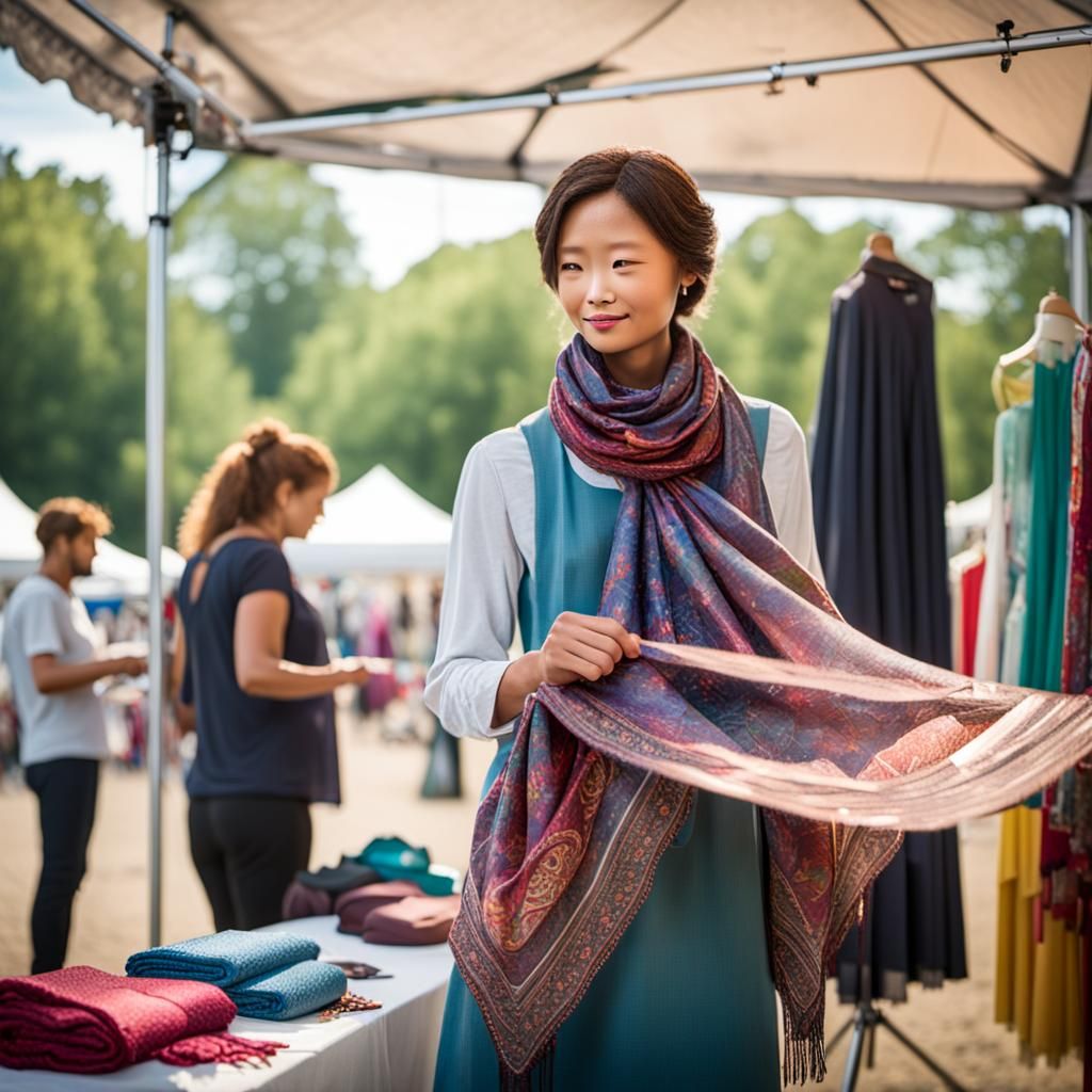 Festival Vendor Prepares Mannequin with Scarf