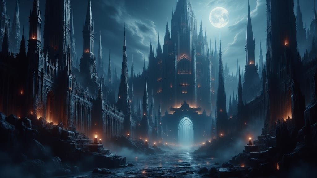 Celestial Black Cathedral Metropolis in Eternal Twilight