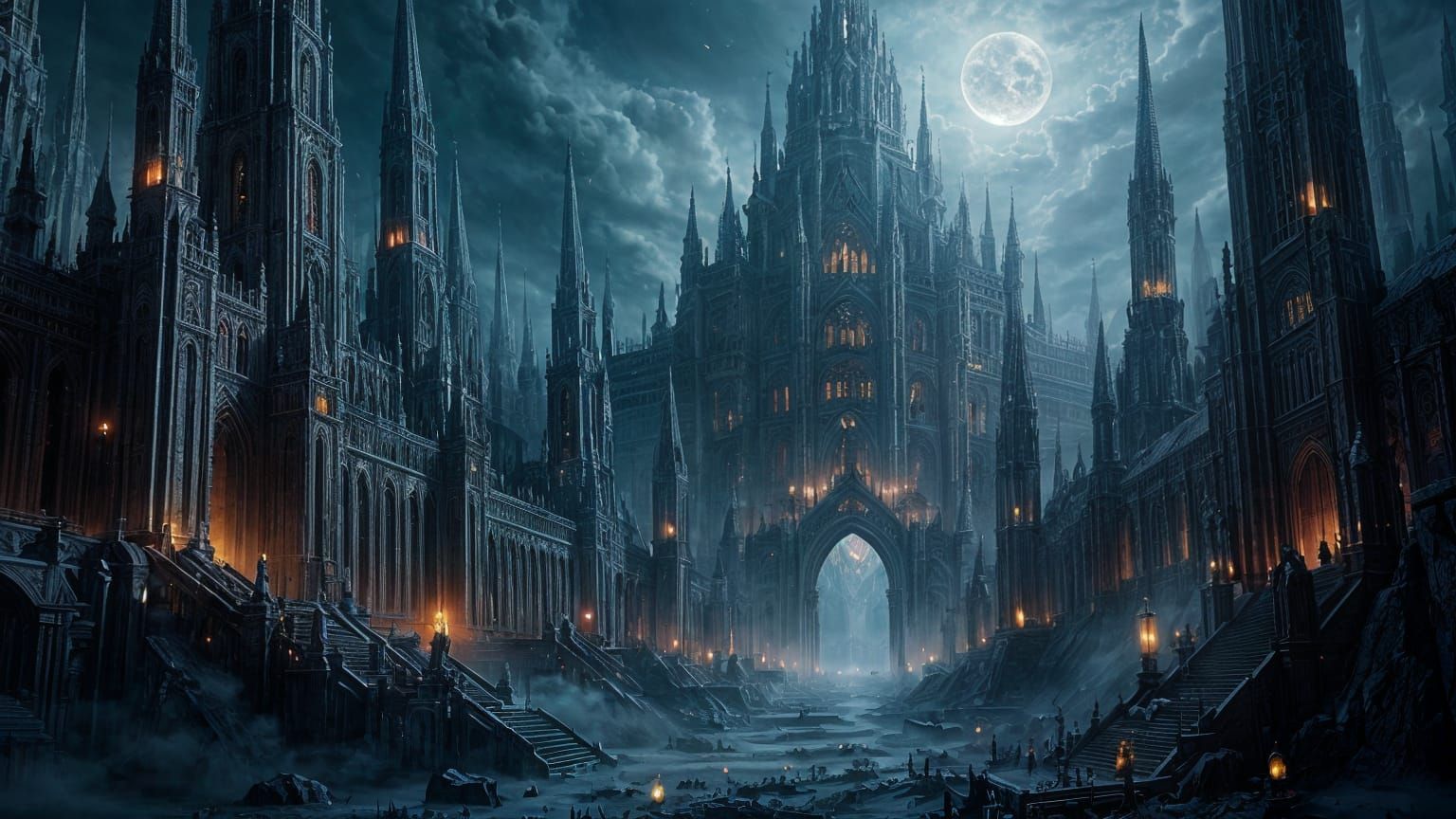 Celestial Black Cathedral Metropolis in Eternal Twilight
