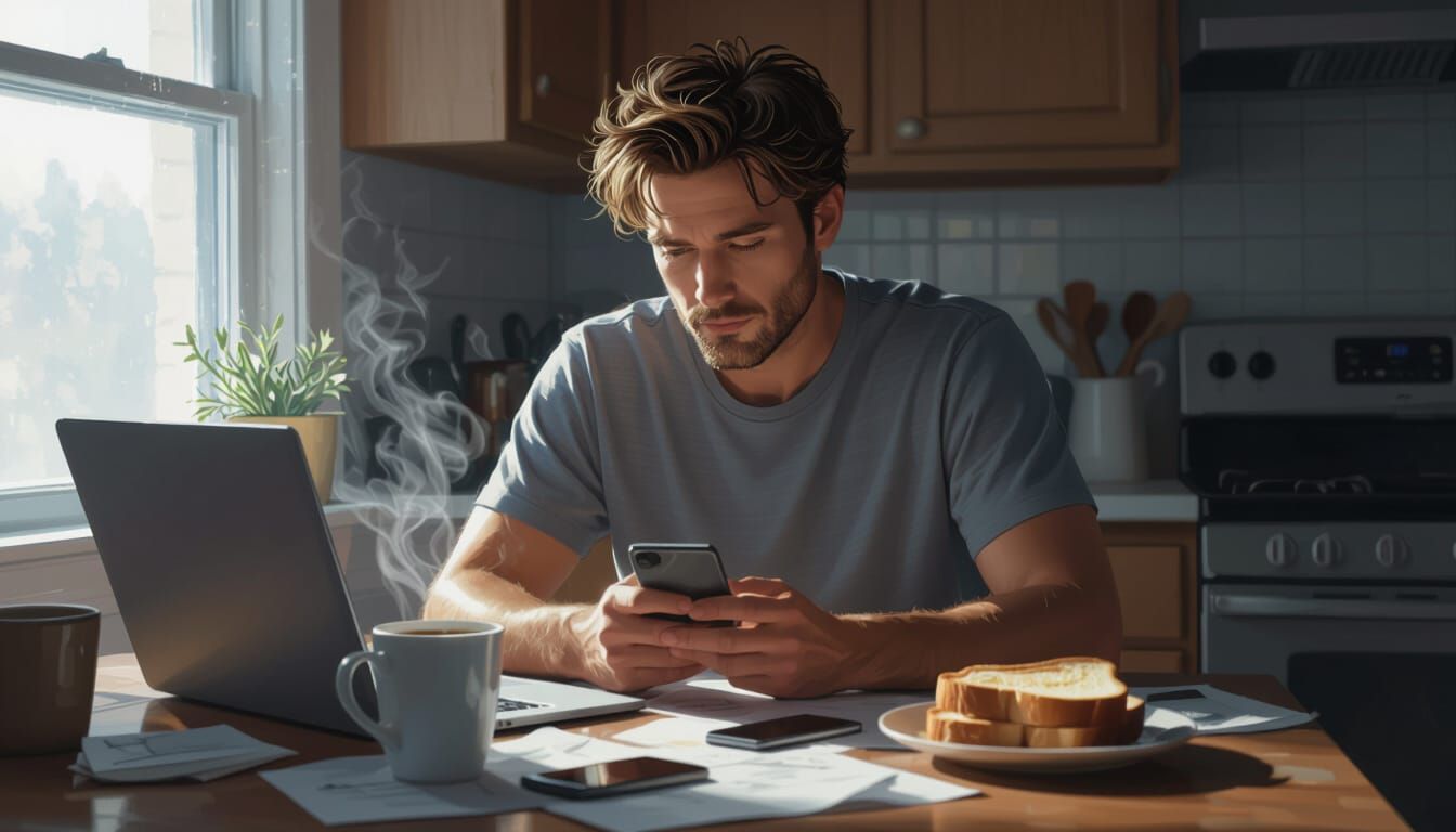 Man Scrolling Phone at Cluttered Morning Kitchen Table