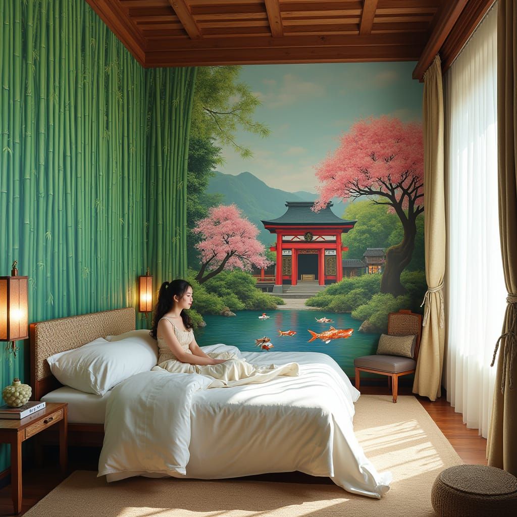 Bedroom with Japanese Murals in Pop Art Style