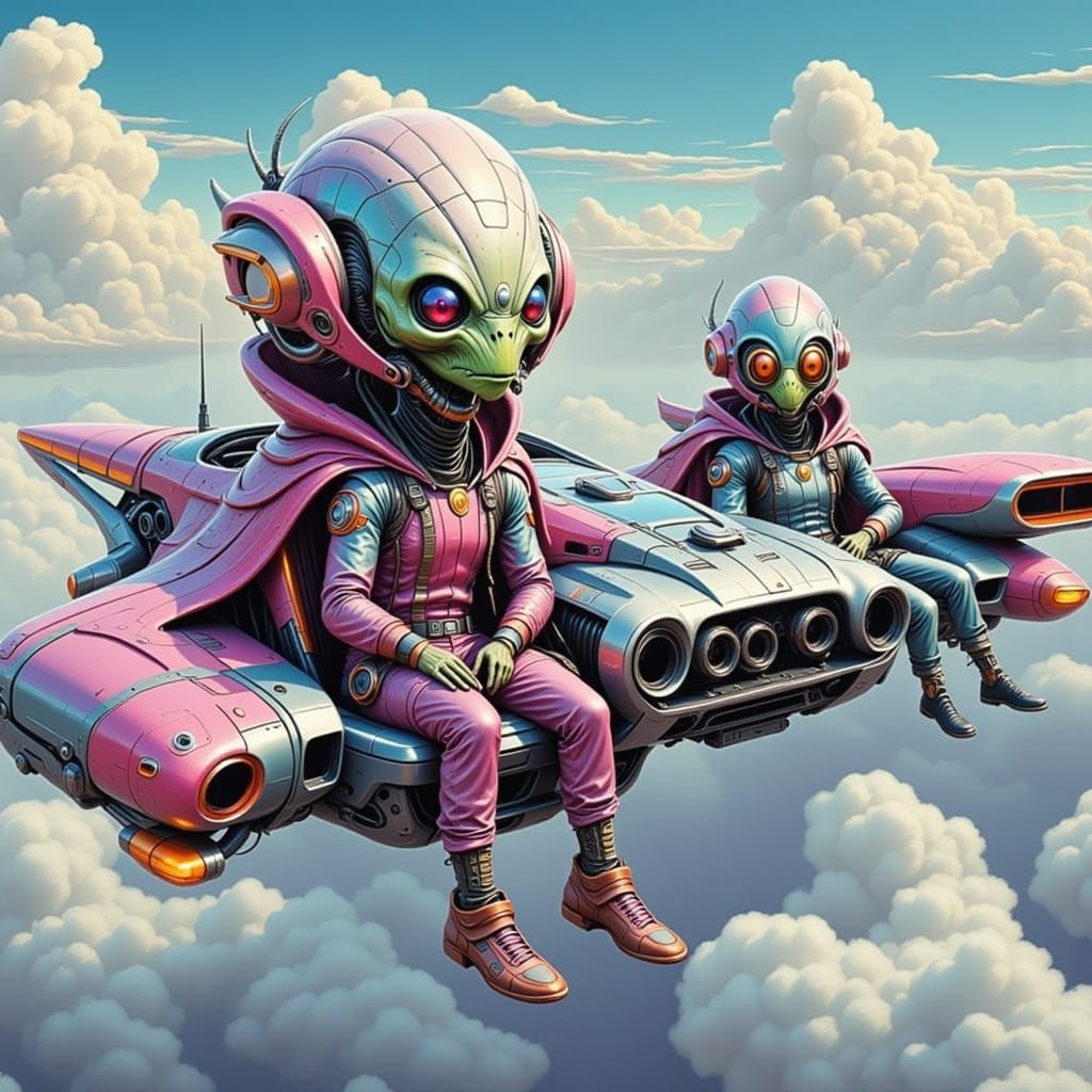 Alien Tourists Soaring in Futuristic Flying Car