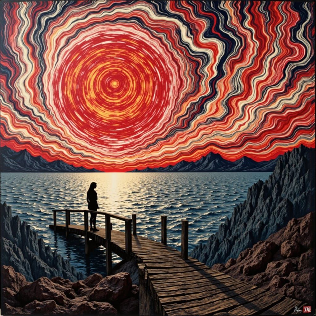 Solitary Figure on Bridge Under Blood-Red Sky