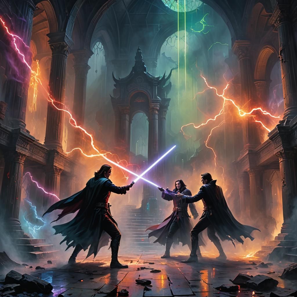Vampires Duel with Neon Lightsabers in Ethereal Temple