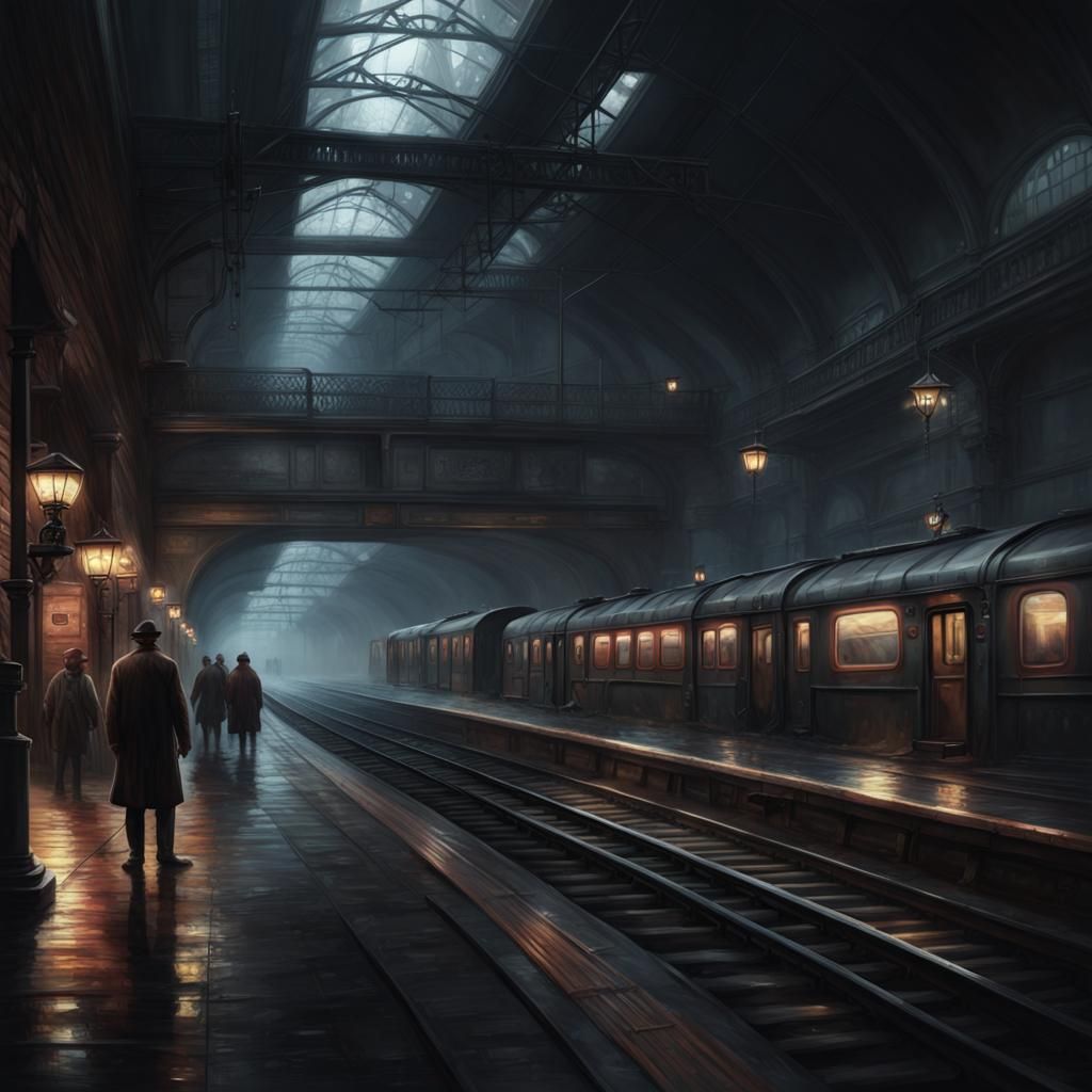 Dramatic Dark Underground Train Station Digital Painting