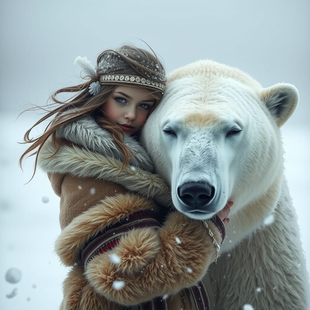 Frosty Arctic Girl Embracing Polar Bear in Snowy Blizzard