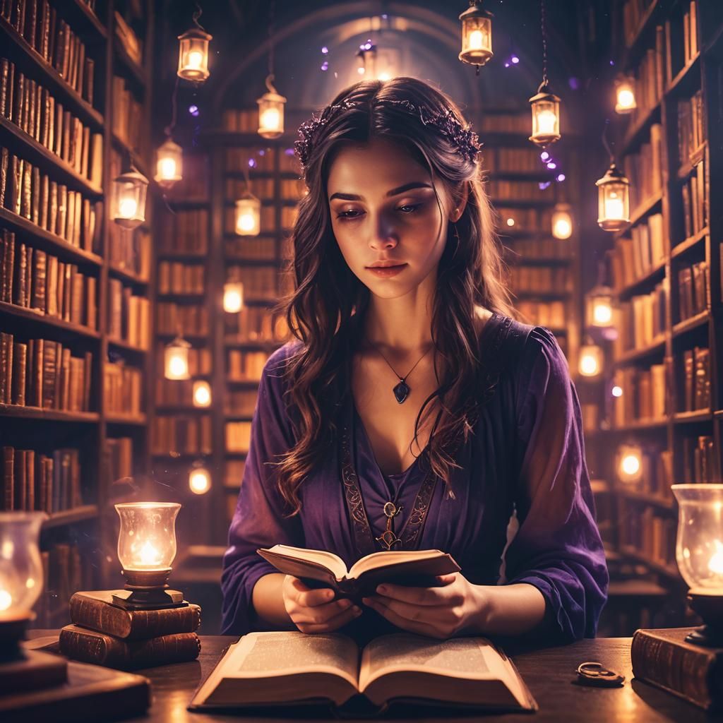 Mystical Library: Eerie Surrealism with Glowing Artifacts