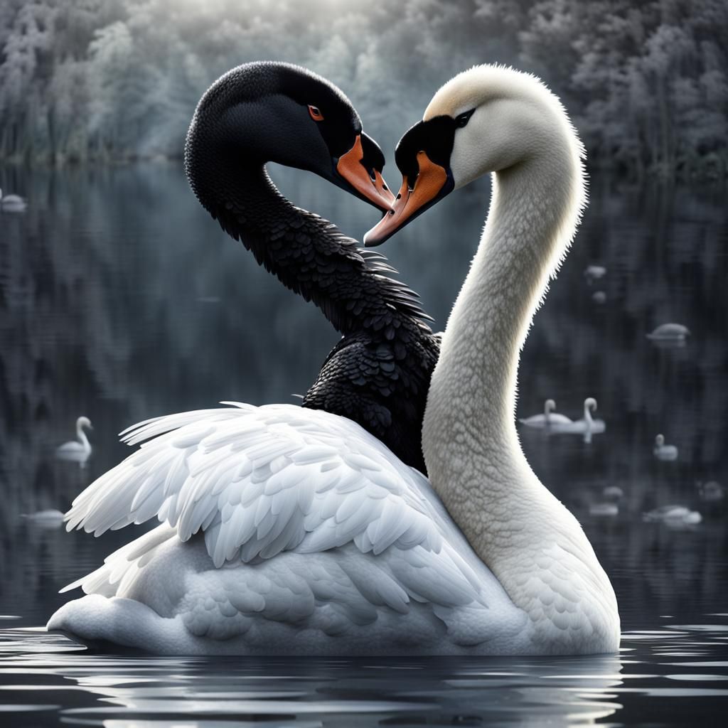 Black Swan and White Swan Embrace