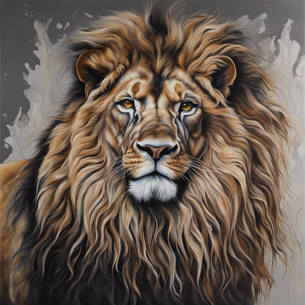 Majestic Lion: Hyperrealistic Oil and Gouache Painting