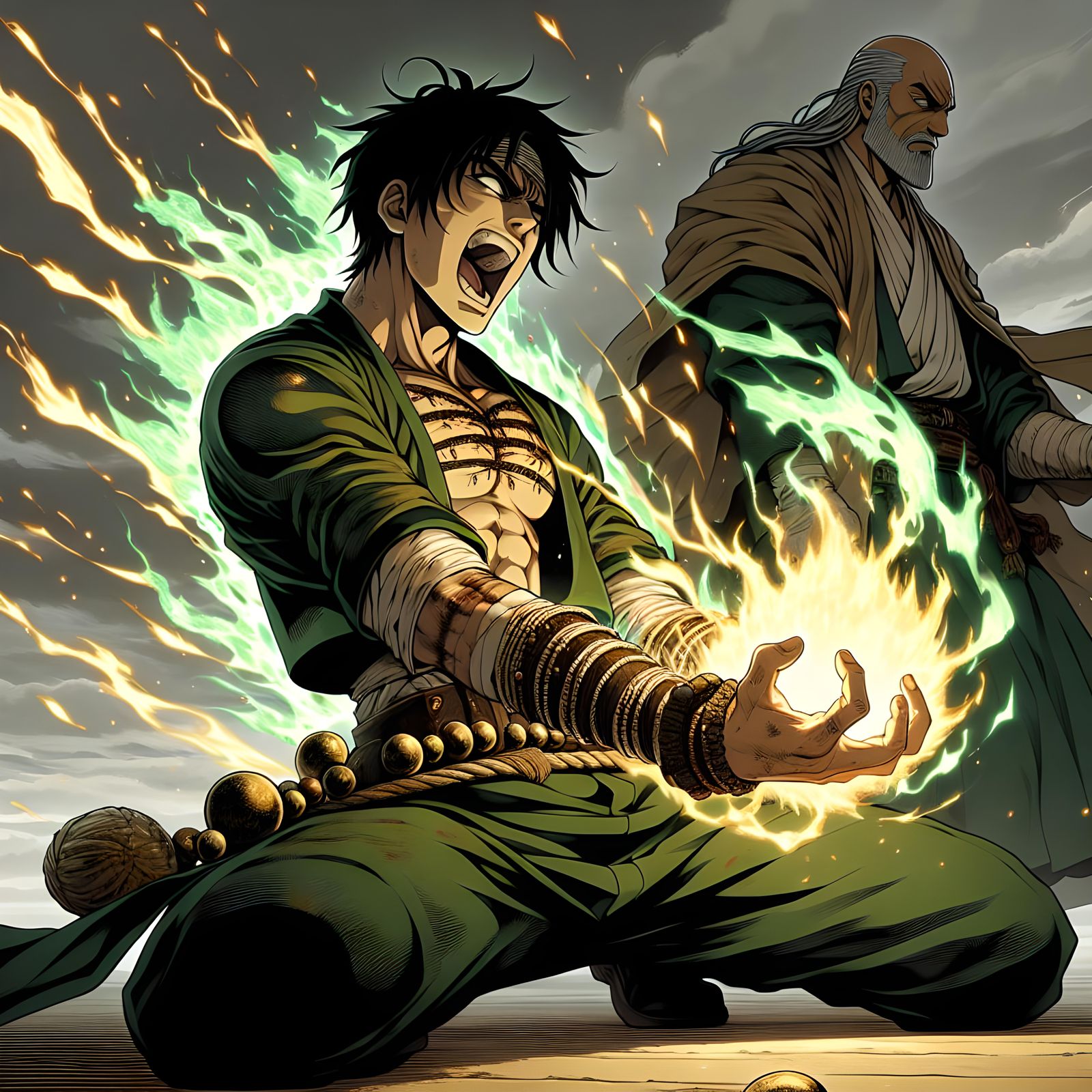 Warrior Pyromancer in Cel-Shaded Manga Style