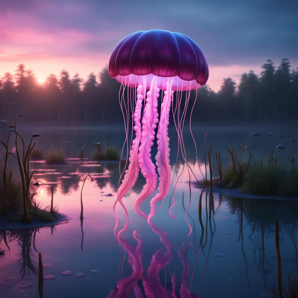 Glowing Jellyfish Over Twilight Lake: Fantasy Concept Art