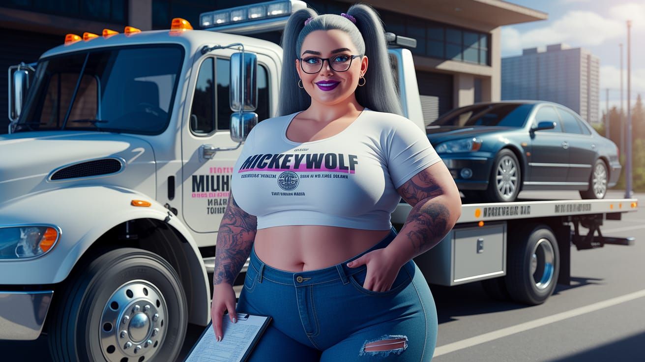 Realistic Female Bodybuilder Towing a Car in Ultra-Realistic...