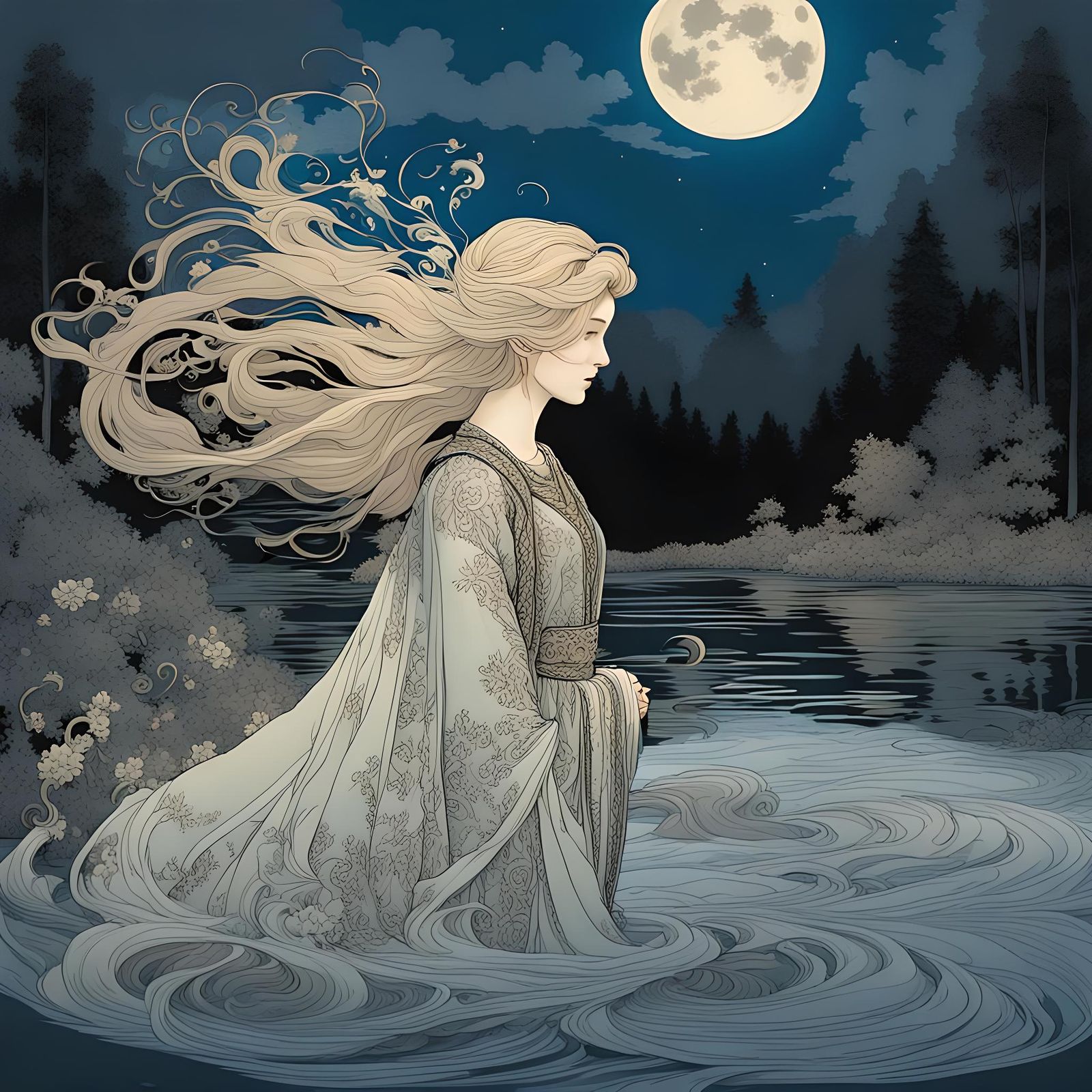 Ethereal Blond Woman by Moonlit Lake, Golden Age Illustratio...