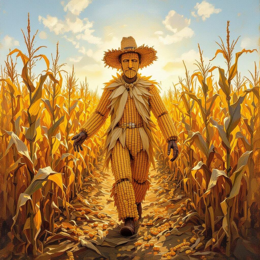 Corn Man in Sunlit Field as Impressionistic Oil Painting